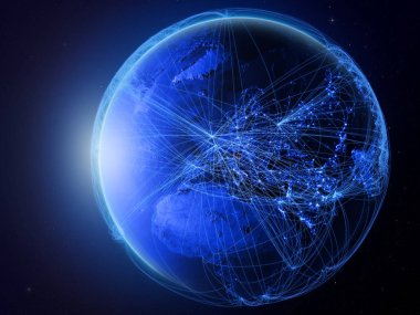 Slovenya Planet Earth uluslararası iletişim, teknoloji ve seyahat temsil eden mavi dijital ağ ile uzaydan. 3D çizim. Nasa tarafından döşenmiş bu görüntü unsurları.