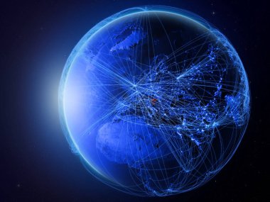 Hırvatistan uluslararası iletişim, teknoloji ve seyahat temsil eden mavi dijital ağ ile gezegeni uzaydan. 3D çizim. Nasa tarafından döşenmiş bu görüntü unsurları.
