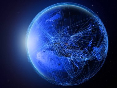 Moldova Planet Earth uluslararası iletişim, teknoloji ve seyahat temsil eden mavi dijital ağ ile uzaydan. 3D çizim. Nasa tarafından döşenmiş bu görüntü unsurları.