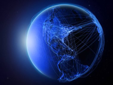 Bahamalar Planet Earth uluslararası iletişim, teknoloji ve seyahat temsil eden mavi dijital ağ ile uzaydan. 3D çizim. Nasa tarafından döşenmiş bu görüntü unsurları.