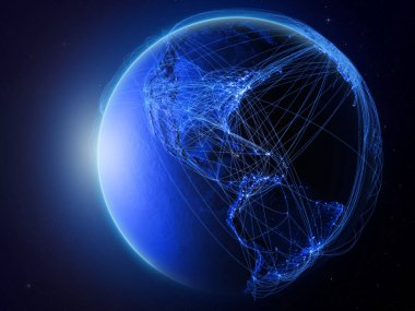 Jamaika Planet Earth uluslararası iletişim, teknoloji ve seyahat temsil eden mavi dijital ağ ile uzaydan. 3D çizim. Nasa tarafından döşenmiş bu görüntü unsurları.