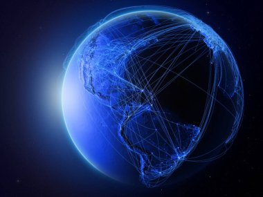 Karayipler Planet Earth uluslararası iletişim, teknoloji ve seyahat temsil eden mavi dijital ağ ile uzaydan. 3D çizim. Nasa tarafından döşenmiş bu görüntü unsurları.