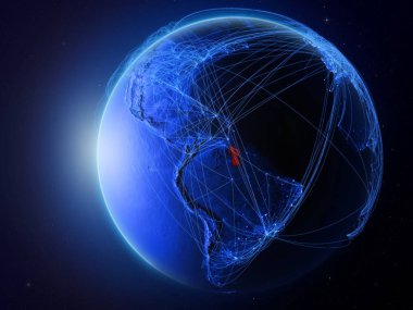Guyana Planet Earth uluslararası iletişim, teknoloji ve seyahat temsil eden mavi dijital ağ ile uzaydan. 3D çizim. Nasa tarafından döşenmiş bu görüntü unsurları.