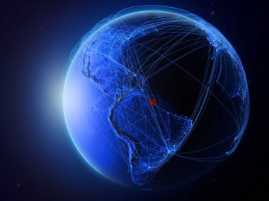 Surinam Planet Earth uluslararası iletişim, teknoloji ve seyahat temsil eden mavi dijital ağ ile uzaydan. 3D çizim. Nasa tarafından döşenmiş bu görüntü unsurları.
