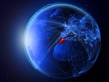 Fas Planet Earth uluslararası iletişim, teknoloji ve seyahat temsil eden mavi dijital ağ ile uzaydan. 3D çizim. Nasa tarafından döşenmiş bu görüntü unsurları.