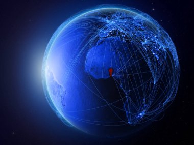 Benin Planet Earth uluslararası iletişim, teknoloji ve seyahat temsil eden mavi dijital ağ ile uzaydan. 3D çizim. Nasa tarafından döşenmiş bu görüntü unsurları.