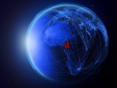 Kamerun Planet Earth uluslararası iletişim, teknoloji ve seyahat temsil eden mavi dijital ağ ile uzaydan. 3D çizim. Nasa tarafından döşenmiş bu görüntü unsurları.