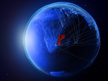 Mozambik uluslararası iletişim, teknoloji ve seyahat temsil eden mavi dijital ağ ile gezegeni uzaydan. 3D çizim. Nasa tarafından döşenmiş bu görüntü unsurları.