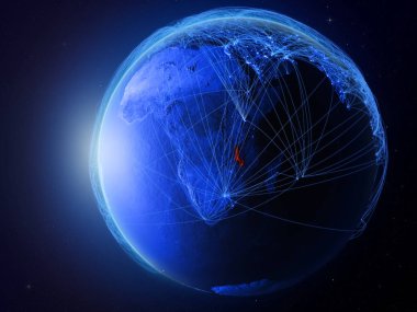 Malavi Planet Earth uluslararası iletişim, teknoloji ve seyahat temsil eden mavi dijital ağ ile uzaydan. 3D çizim. Nasa tarafından döşenmiş bu görüntü unsurları.