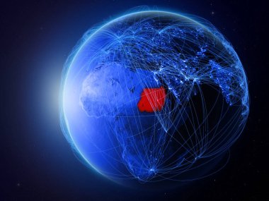 Sudan Planet Earth uluslararası iletişim, teknoloji ve seyahat temsil eden mavi dijital ağ ile uzaydan. 3D çizim. Nasa tarafından döşenmiş bu görüntü unsurları.