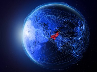 Pakistan Uluslararası iletişim, teknoloji ve seyahat temsil eden mavi dijital ağ ile gezegeni uzaydan. 3D çizim. Nasa tarafından döşenmiş bu görüntü unsurları.