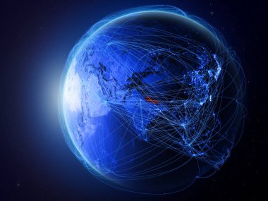 Nepal uluslararası iletişim, teknoloji ve seyahat temsil eden mavi dijital ağ ile gezegeni uzaydan. 3D çizim. Nasa tarafından döşenmiş bu görüntü unsurları.
