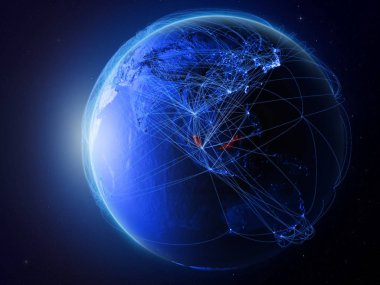 Malezya Uluslararası iletişim, teknoloji ve seyahat temsil eden mavi dijital ağ ile gezegeni uzaydan. 3D çizim. Nasa tarafından döşenmiş bu görüntü unsurları.