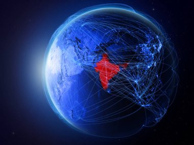 Hindistan uluslararası iletişim, teknoloji ve seyahat temsil eden mavi dijital ağ ile gezegeni uzaydan. 3D çizim. Nasa tarafından döşenmiş bu görüntü unsurları.