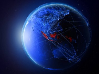 Endonezya Planet Earth uluslararası iletişim, teknoloji ve seyahat temsil eden mavi dijital ağ ile uzaydan. 3D çizim. Nasa tarafından döşenmiş bu görüntü unsurları.