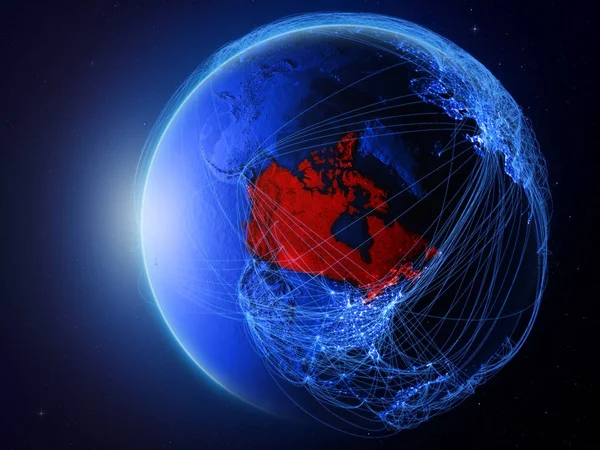 加拿大从地球上的太空出发 拥有代表国际通信 技术和旅行的蓝色数字网络 美国宇航局提供的这张图片的元素 — 图库照片