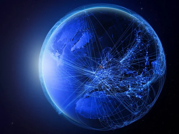 丹麦从地球上的太空与代表国际通信 技术和旅行的蓝色数字网络 美国宇航局提供的这张图片的元素 — 图库照片