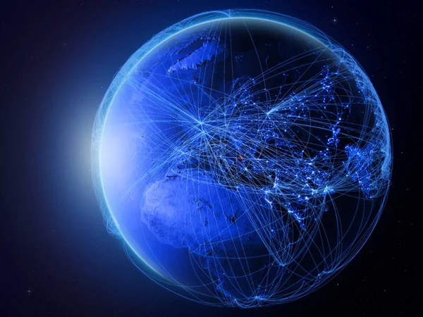 马其顿来自地球上的太空 蓝色数字网络代表国际通信 技术和旅行 美国宇航局提供的这张图片的元素 — 图库照片