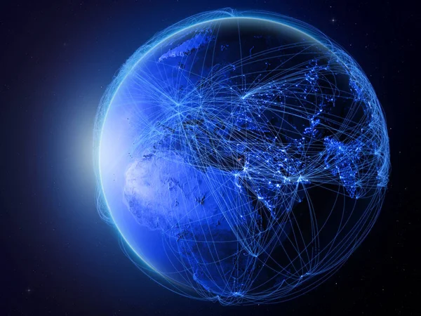塞浦路斯从地球上的太空 拥有代表国际通信 技术和旅行的蓝色数字网络 美国宇航局提供的这张图片的元素 — 图库照片