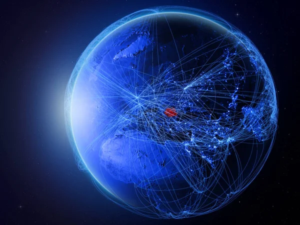 罗马尼亚从地球上的太空与代表国际通信 技术和旅行的蓝色数字网络 美国宇航局提供的这张图片的元素 — 图库照片
