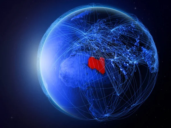Libyen Från Rymden Planeten Jorden Med Blå Digitala Nätverk Som — Stockfoto