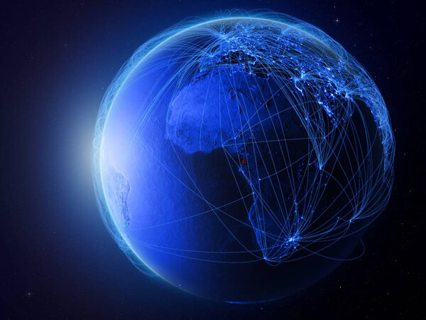Экваториальная Гвинея из космоса на планете Земля с голубой цифровой сетью, представляющей международные связи, технологии и путешествия. 3D иллюстрация. Элементы этого изображения предоставлены НАСА
.
