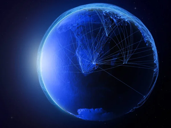 来自地球上太空的埃斯瓦蒂尼拥有代表国际通信 技术和旅行的蓝色数字网络 美国宇航局提供的这张图片的元素 — 图库照片