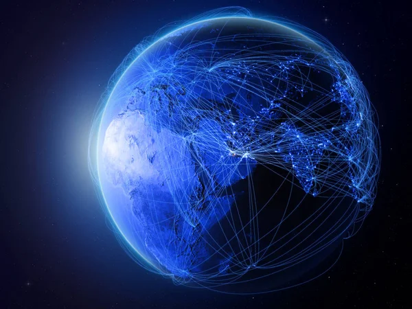 卡塔尔从地球上的太空 拥有代表国际通信 技术和旅行的蓝色数字网络 美国宇航局提供的这张图片的元素 — 图库照片