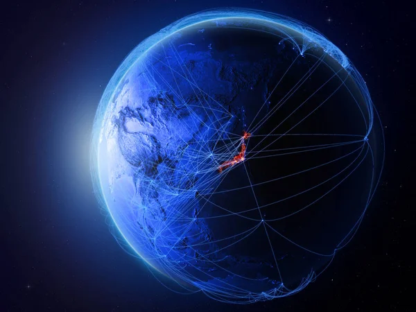 Japan from space on planet Earth with blue digital network representing international communication, technology and travel. 3D illustration. Elements of this image furnished by NASA.