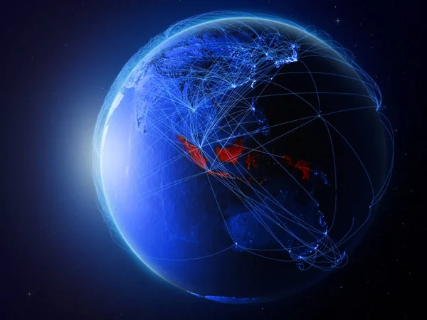 Endonezya Planet Earth uluslararası iletişim, teknoloji ve seyahat temsil eden mavi dijital ağ ile uzaydan. 3D çizim. Nasa tarafından döşenmiş bu görüntü unsurları.