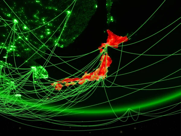 Japan on green model of planet Earth with network representing green age, travel and communication. 3D illustration. Elements of this image furnished by NASA.