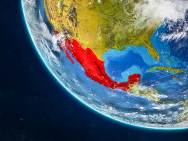 Meksika Planet Earth ülke sınırları ile uzaydan. Çok ince ayrıntı gezegenin yüzey ve bulutlar. 3D çizim. Nasa tarafından döşenmiş bu görüntü unsurları.