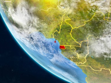 Ekvator Ginesi ülke sınırları ile uzaydan Dünya gezegeni üzerinde. Çok ince ayrıntı gezegenin yüzey ve bulutlar. 3D çizim. Nasa tarafından döşenmiş bu görüntü unsurları.