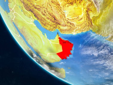 Umman Planet Earth ülke sınırları ile uzaydan. Çok ince ayrıntı gezegenin yüzey ve bulutlar. 3D çizim. Nasa tarafından döşenmiş bu görüntü unsurları.