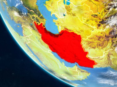 Iran Planet Earth ülke sınırları ile uzaydan. Çok ince ayrıntı gezegenin yüzey ve bulutlar. 3D çizim. Nasa tarafından döşenmiş bu görüntü unsurları.