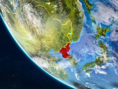 Kuzey Kore Planet Earth ülke sınırları ile uzaydan. Çok ince ayrıntı gezegenin yüzey ve bulutlar. 3D çizim. Nasa tarafından döşenmiş bu görüntü unsurları.