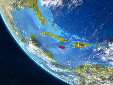 Jamaika ülke sınırları ile uzaydan Dünya gezegeni üzerinde. Çok ince ayrıntı gezegenin yüzey ve bulutlar. 3D çizim. Nasa tarafından döşenmiş bu görüntü unsurları.