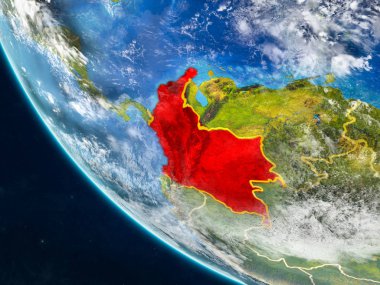 Kolombiya Planet Earth ülke sınırları ile uzaydan. Çok ince ayrıntı gezegenin yüzey ve bulutlar. 3D çizim. Nasa tarafından döşenmiş bu görüntü unsurları.
