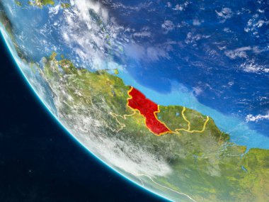 Guyana Planet Earth ülke sınırları ile uzaydan. Çok ince ayrıntı gezegenin yüzey ve bulutlar. 3D çizim. Nasa tarafından döşenmiş bu görüntü unsurları.