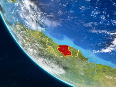 Surinam Planet Earth ülke sınırları ile uzaydan. Çok ince ayrıntı gezegenin yüzey ve bulutlar. 3D çizim. Nasa tarafından döşenmiş bu görüntü unsurları.