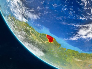 Fransız Guyanası Planet Earth ülke sınırları ile uzaydan. Çok ince ayrıntı gezegenin yüzey ve bulutlar. 3D çizim. Nasa tarafından döşenmiş bu görüntü unsurları.