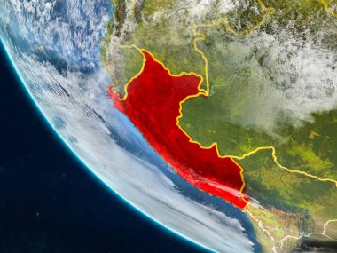 Peru Planet Earth ülke sınırları ile uzaydan. Çok ince ayrıntı gezegenin yüzey ve bulutlar. 3D çizim. Nasa tarafından döşenmiş bu görüntü unsurları.