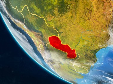 Paraguay Planet Earth ülke sınırları ile uzaydan. Çok ince ayrıntı gezegenin yüzey ve bulutlar. 3D çizim. Nasa tarafından döşenmiş bu görüntü unsurları.