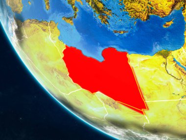 Libya Planet Earth ülke sınırları ile uzaydan. Çok ince ayrıntı gezegenin yüzey ve bulutlar. 3D çizim. Nasa tarafından döşenmiş bu görüntü unsurları.