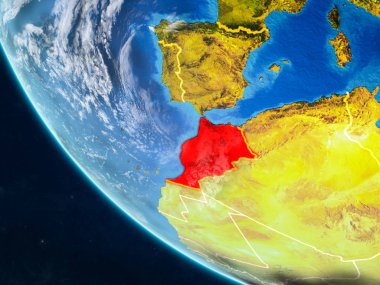 Fas Planet Earth ülke sınırları ile uzaydan. Çok ince ayrıntı gezegenin yüzey ve bulutlar. 3D çizim. Nasa tarafından döşenmiş bu görüntü unsurları.