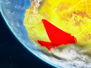 Mali Planet Earth ülke sınırları ile uzaydan. Çok ince ayrıntı gezegenin yüzey ve bulutlar. 3D çizim. Nasa tarafından döşenmiş bu görüntü unsurları.