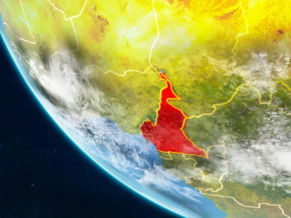 Kamerun ülke sınırları ile uzaydan Dünya gezegeni üzerinde. Çok ince ayrıntı gezegenin yüzey ve bulutlar. 3D çizim. Nasa tarafından döşenmiş bu görüntü unsurları.