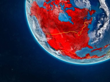 Planet Earth ülke sınırları ile uzaydan Kuzey Amerika. Çok ince ayrıntı gezegenin yüzey ve bulutlar. 3D çizim. Nasa tarafından döşenmiş bu görüntü unsurları.