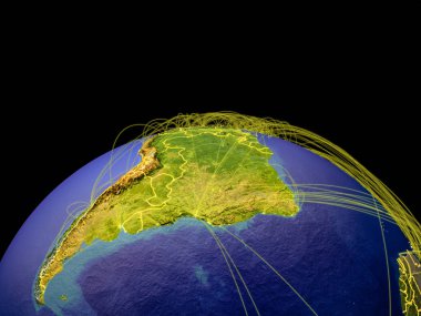 Latin Amerika ülke sınırları ve uluslararası iletişim, seyahat, bağlantıları temsil eden yörüngeleri Dünya gezegeni üzerinde. 3D çizim. Nasa tarafından döşenmiş bu görüntü unsurları.