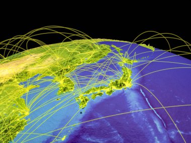 Japonya ve Kore Planet Earth ülke sınırları ve uluslararası iletişim, seyahat, bağlantıları temsil eden yörüngeleri ile. 3D çizim. Nasa tarafından döşenmiş bu görüntü unsurları.